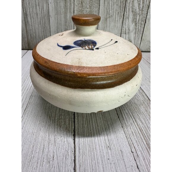 Vintage Mexican Tonala Trinket Dish with Blue Floral Accents 4" Diameter 3" Tall - Picture 5 of 14